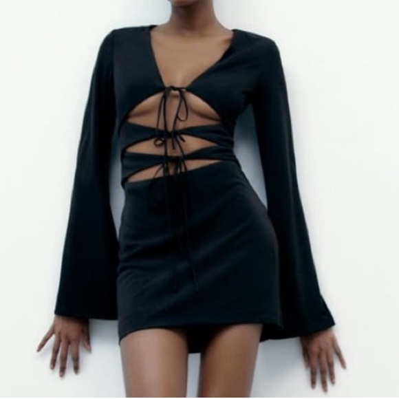 Zara Dresses & Skirts - Zara (NWOT) black front tie cut out  flared long sleeve cocktail mini dress